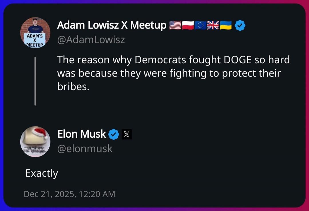 The reason why Democrats fought DOGE so hard was because they were fighting to protect their bribes.
Exactly