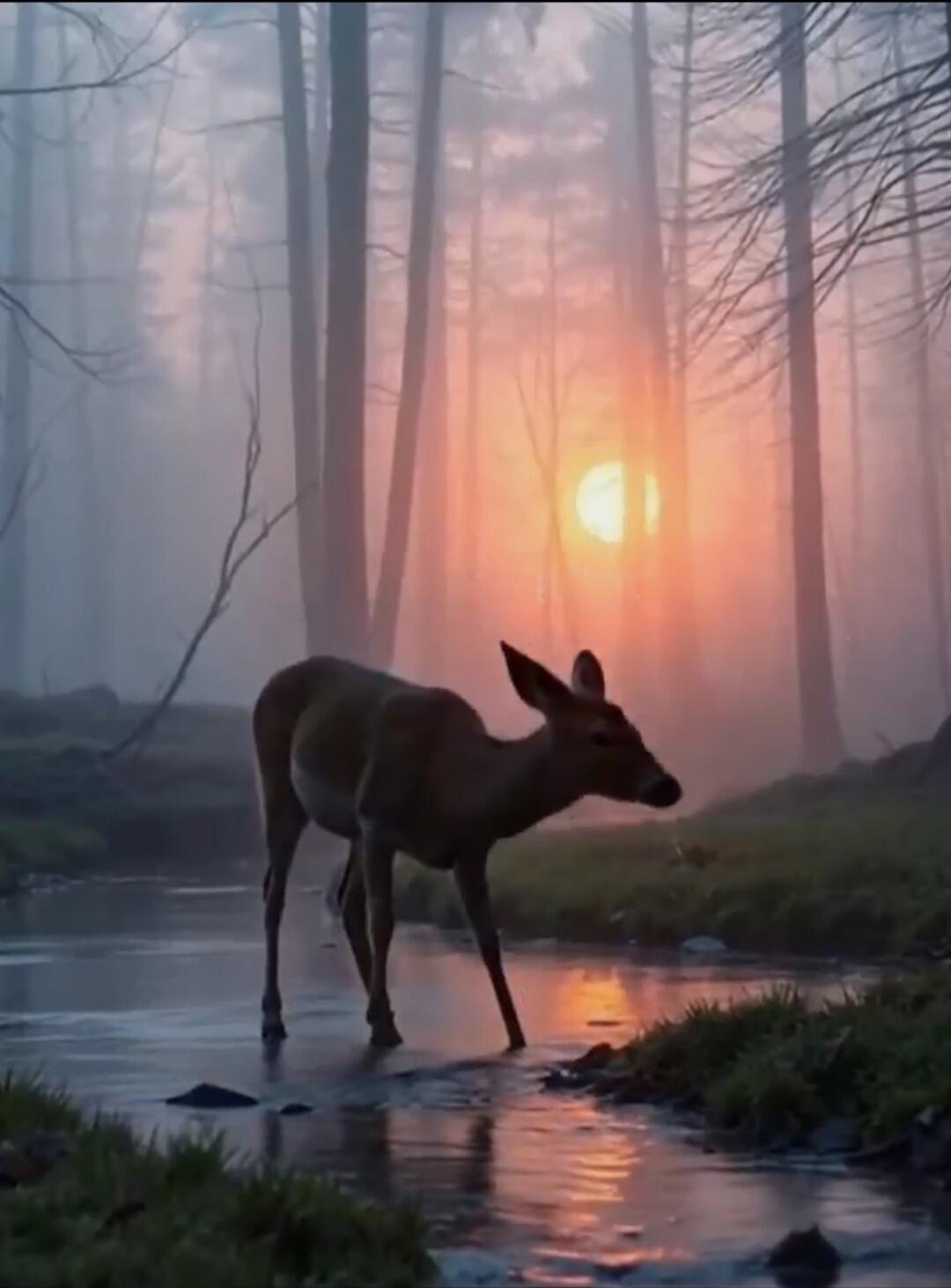 A deer standing in a misty forest at sunset.