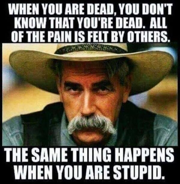 WHEN YOU ARE DEAD, YOU DON'T KNOW THAT YOU'RE DEAD. ALL OF THE PAIN IS FELT BY OTHERS. THE SAME THING HAPPENS WHEN YOU ARE STUPID.