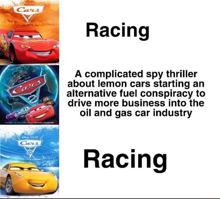 Racing A complicated spy thriller about lemon cars starting an alternative fuel conspiracy to drive more business into the oil and gas car industry Racing