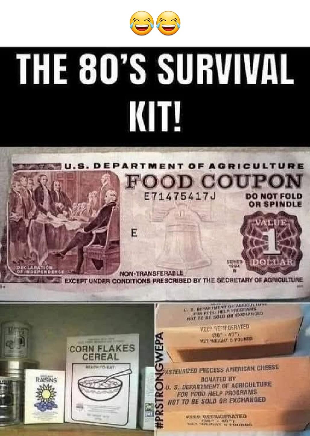 THE 80'S SURVIVAL KIT! 😂😂😂 U.S. DEPARTMENT OF AGRICULTURE FOOD COUPON E71475417J DO NOT FOLD OR SPINDLE VALUE 1 DOLLAR SERIES 1994 NON-TRANSFERABLE EXCEPT UNDER CONDITIONS PRESCRIBED BY THE SECRETARY OF AGRICULTURE DECLARATION OF INDEPENDENCE CORN FLAKES CEREAL READY-TO-EAT RAISINS #PRSTRONGWEPA U.S. DEPARTMENT OF AGRICULTURE FOR FOOD HELP PROGRAMS