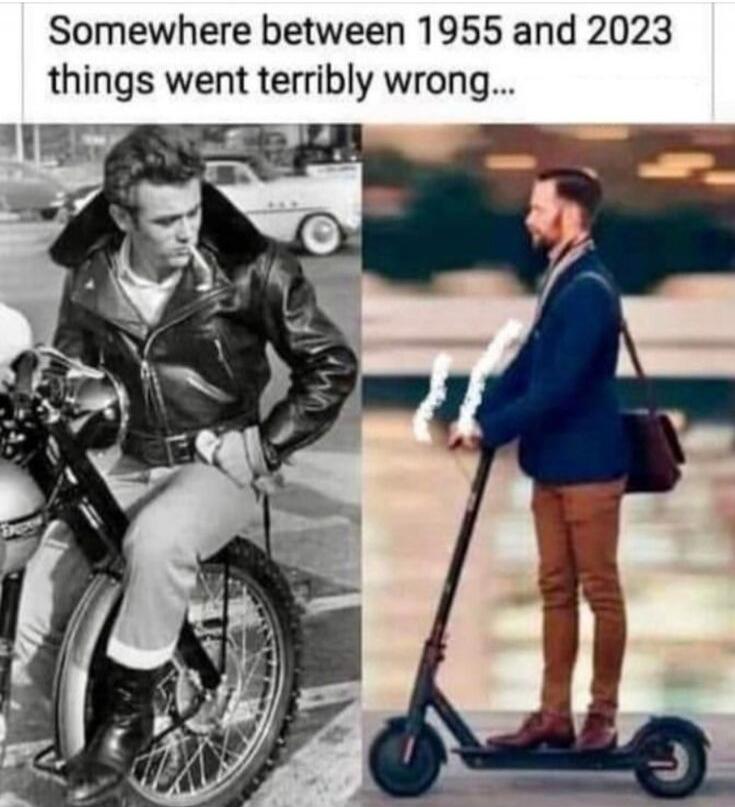 Somewhere between 1955 and 2023 things went terribly wrong... The image shows a man resembling James Dean on a motorcycle on the left, and a modern man in business casual attire on an electric scooter on the right.