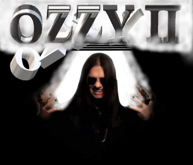 OZZY II. A dark image featuring a person resembling Ozzy Osbourne with long hair, dark glasses, and a menacing expression, with a hint of blood on the lip. His hands are raised with a glowing effect.