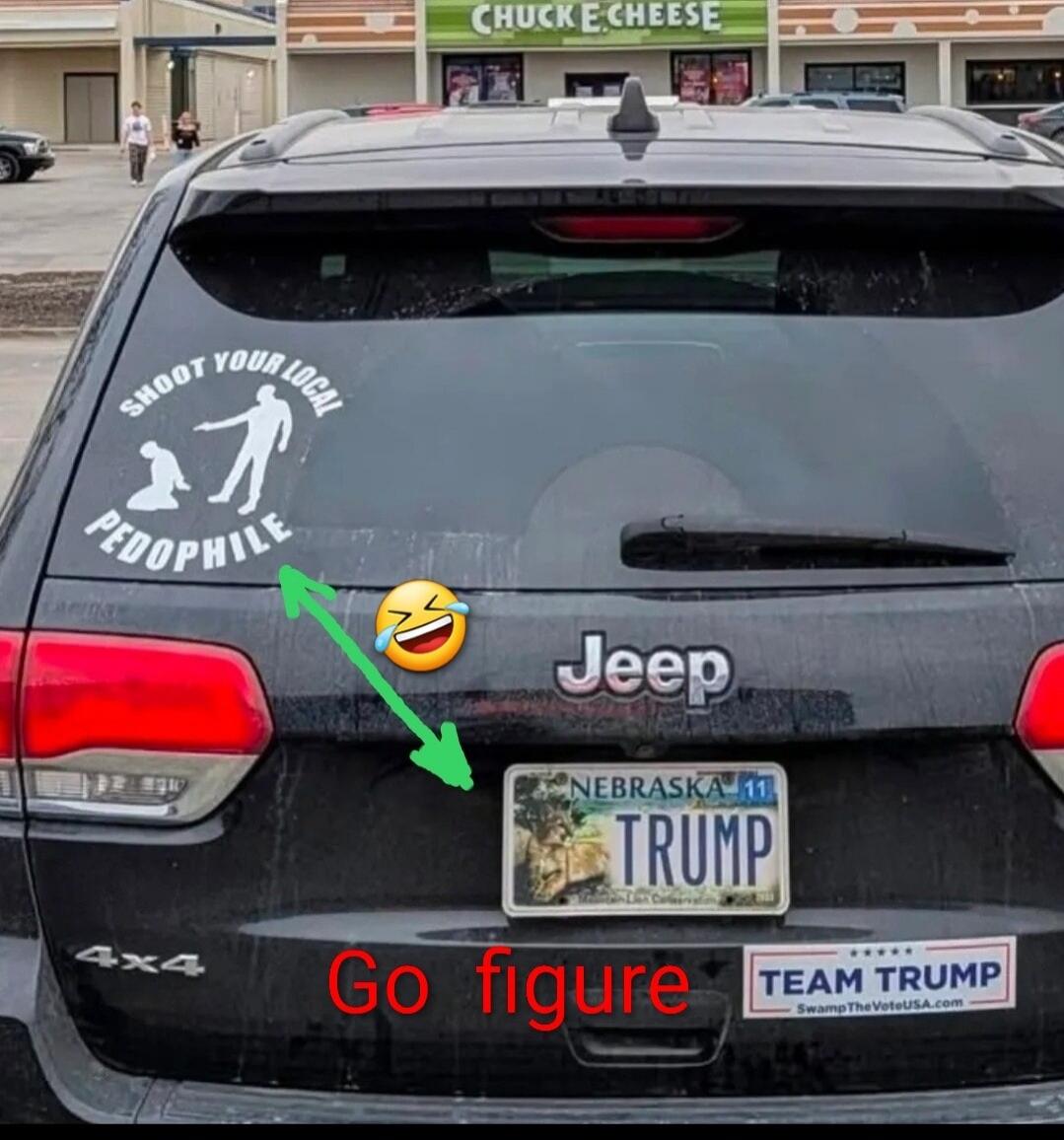 SHOOT YOUR LOAD PEDOPHILE
NEBRASKA 11 TRUMP
Jeep 4x4
TEAM TRUMP
Go figure
Chuck E. Cheese