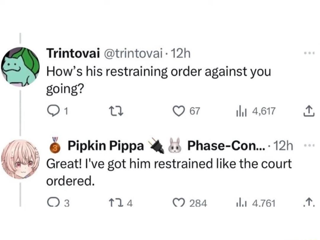 Trintovai trintovai 12h Hows his restraining order against you going Q1 n Q67 il 4617 Great Ive got him restrained like the court ordered O3 14 284 il 4761 Pipkin Pippa 4 i Phase Con 12h S