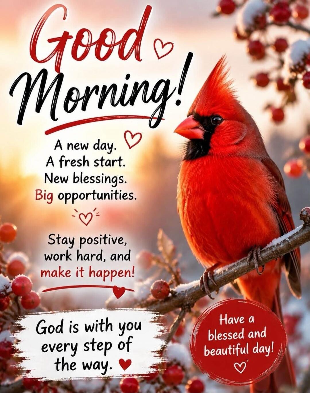 Good Morning! A new day. A fresh start. New blessings. Big opportunities. Stay positive, work hard, and make it happen! God is with you every step of the way. Have a blessed and beautiful day!