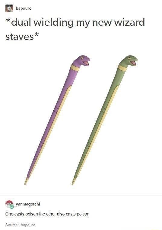BN bepoure dual wielding my new wizard staves B yanmagorchi One casts poison the other aiso casts poison Source bapouro
