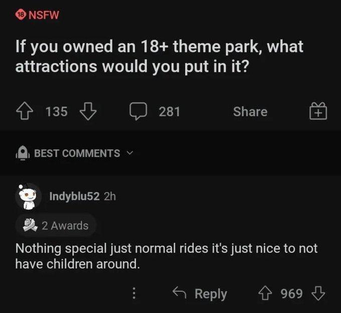 ONsFW If you owned an 18 theme park what attractions would you put in it ooss 281 Share Q BEST COMMENTS Indyblus2 2h 2 Awards Nothing special just normal rides its just nice to not LEVERNCIELETCTI Reply 969