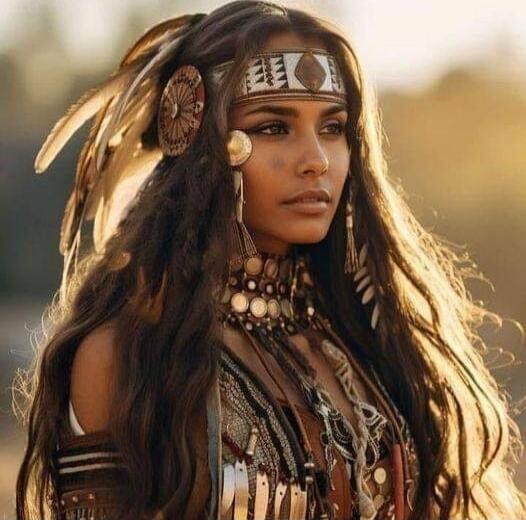 A beautiful Native American woman with long dark hair adorned with feathers and tribal jewelry, looking into the distance with a serene expression.