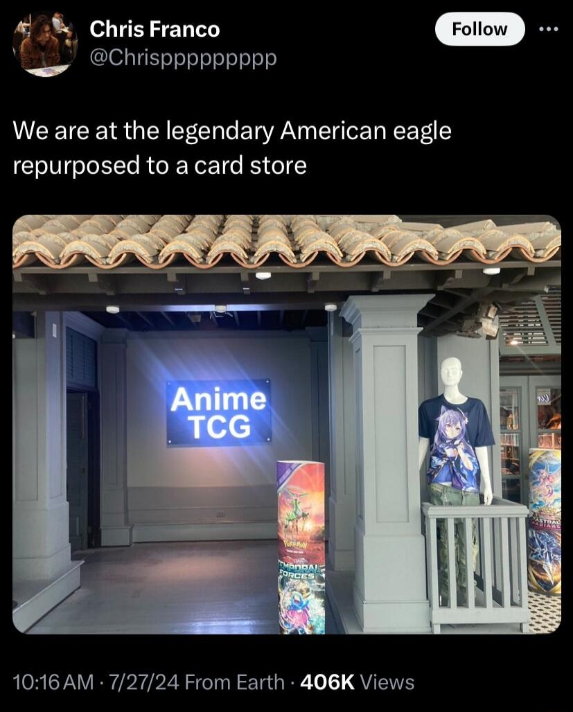 Chris Franco Chrisppppppppp We are at the legendary American eagle repurposed to a card store 1016 AM 72724 From Earth 406K Views