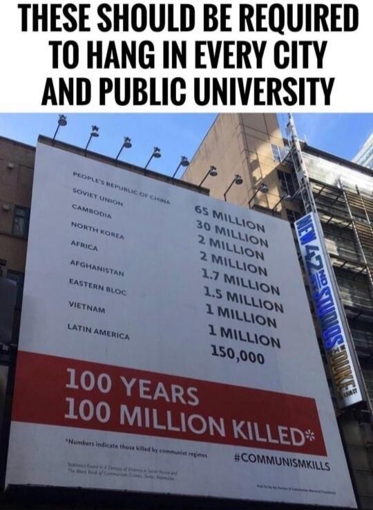 THESE SHOULD BE REQUIRED TO HANG IN EVERY CITY AND PUBLIC UNIVERSITY

PEOPLE'S REPUBLIC OF CHINA 65 MILLION
SOVIET UNION 30 MILLION
CAMBODIA 2 MILLION
NORTH KOREA 2 MILLION
AFRICA 1.7 MILLION
AFGHANISTAN 1.5 MILLION
EASTERN BLOC 1.5 MILLION
VIETNAM 1 MILLION
LATIN AMERICA 1 MILLION
150,000

100 YEARS
100 MILLION KILLED*
#COMMUNISMKILLS