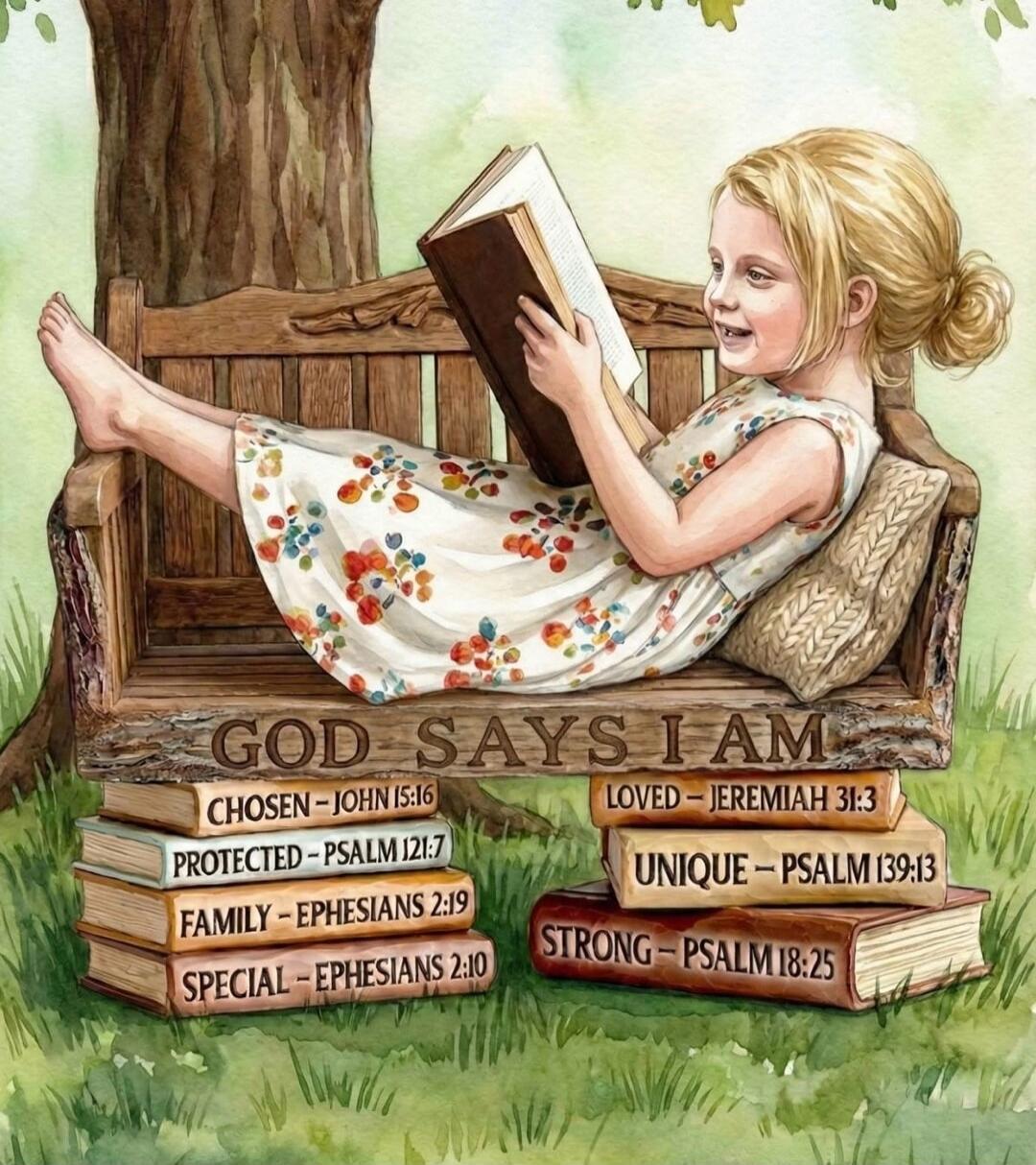 GOD SAYS I AM
CHOSEN - JOHN 15:6
PROTECTED - PSALM 27:7
FAMILY - EPHESIANS 2:19
SPECIAL - EPHESIANS 2:10
LOVED - JEREMIAH 31:3
UNIQUE - PSALM 139:13
STRONG - PSALM 18:25