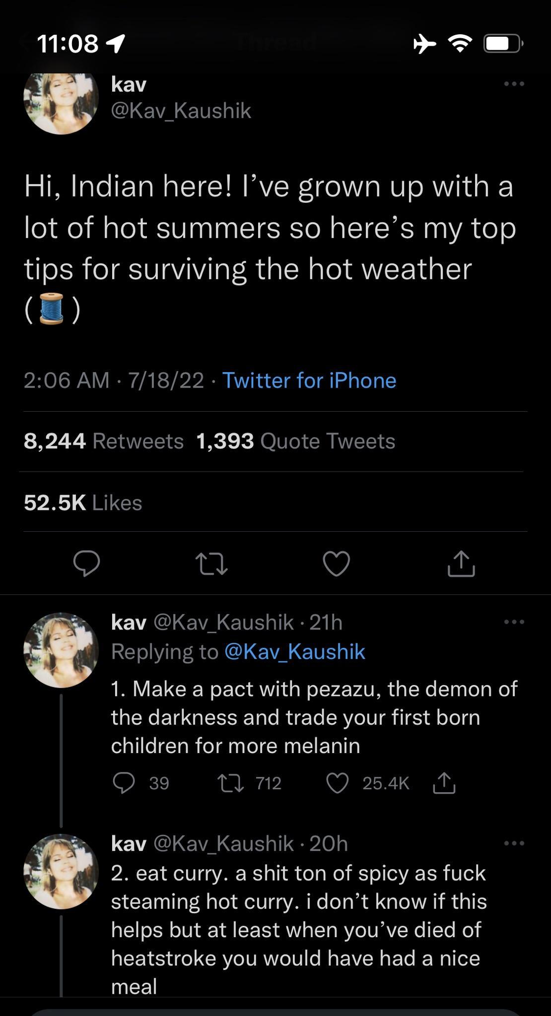 QRHR 4 2 y Kav_Kaushik Hi Indian here Ive grown up with a lot of hot summers so heres my top tips for surviving the hot weather B 206 AM 71822 Twitter for iPhone 8244 Retweets 1393 Quote Tweets R QRIEE 0 Q e kav Kav_Kaushik 21h Replying to Kav_Kaushik RV EVCERET QW o Z P VR R T R the darkness and trade your first born children for more melanin Q 39 n m2 Q 254k 1 kav Kav_Kaushik 20h Q 2 eat curry a