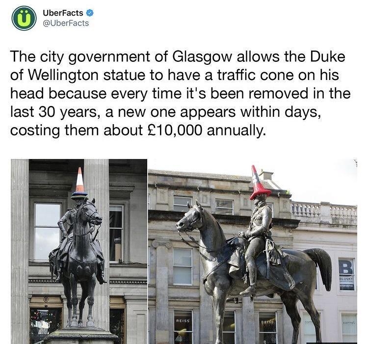 oo The city government of Glasgow allows the Duke of Wellington statue to have a traffic cone on his head because every time its been removed in the ast 30 years a new one appears within days costing them about 10000 annually