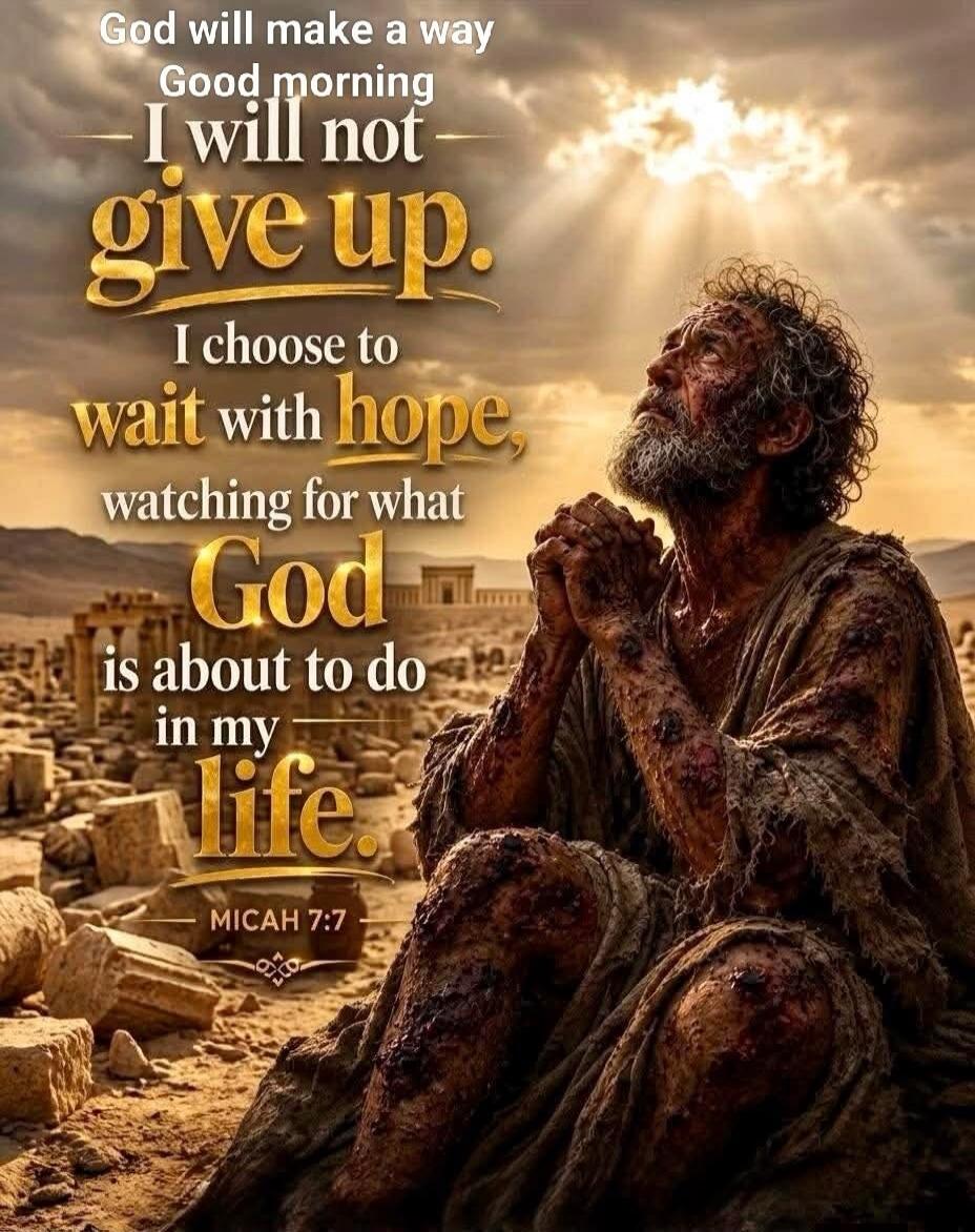 God will make a way Good morning I will not give up. I choose to wait with hope, watching for what God is about to do in my life. MICAH 7:7