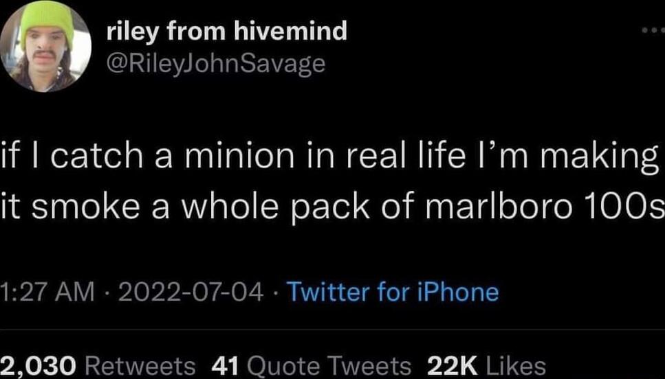 riley from hivemind RileylohnSavage if catch a minion in real life Im making it smoke a whole pack of marlboro 100s 127 AM 2022 07 04 Twitter for iPhone 2030 Retweets 41 Quote Tweets 22K Likes
