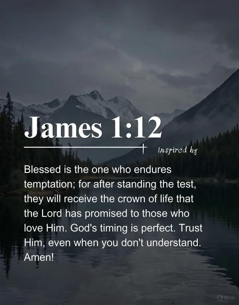 James 1:12 Inspired by Blessed is the one who endures temptation; for after standing the test, they will receive the crown of life that the Lord has promised to those who love Him. God's timing is perfect. Trust Him, even when you don't understand. Amen!