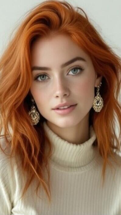 Portrait of a young woman with bright orange hair wearing a cream ribbed turtleneck and ornate chandelier earrings.