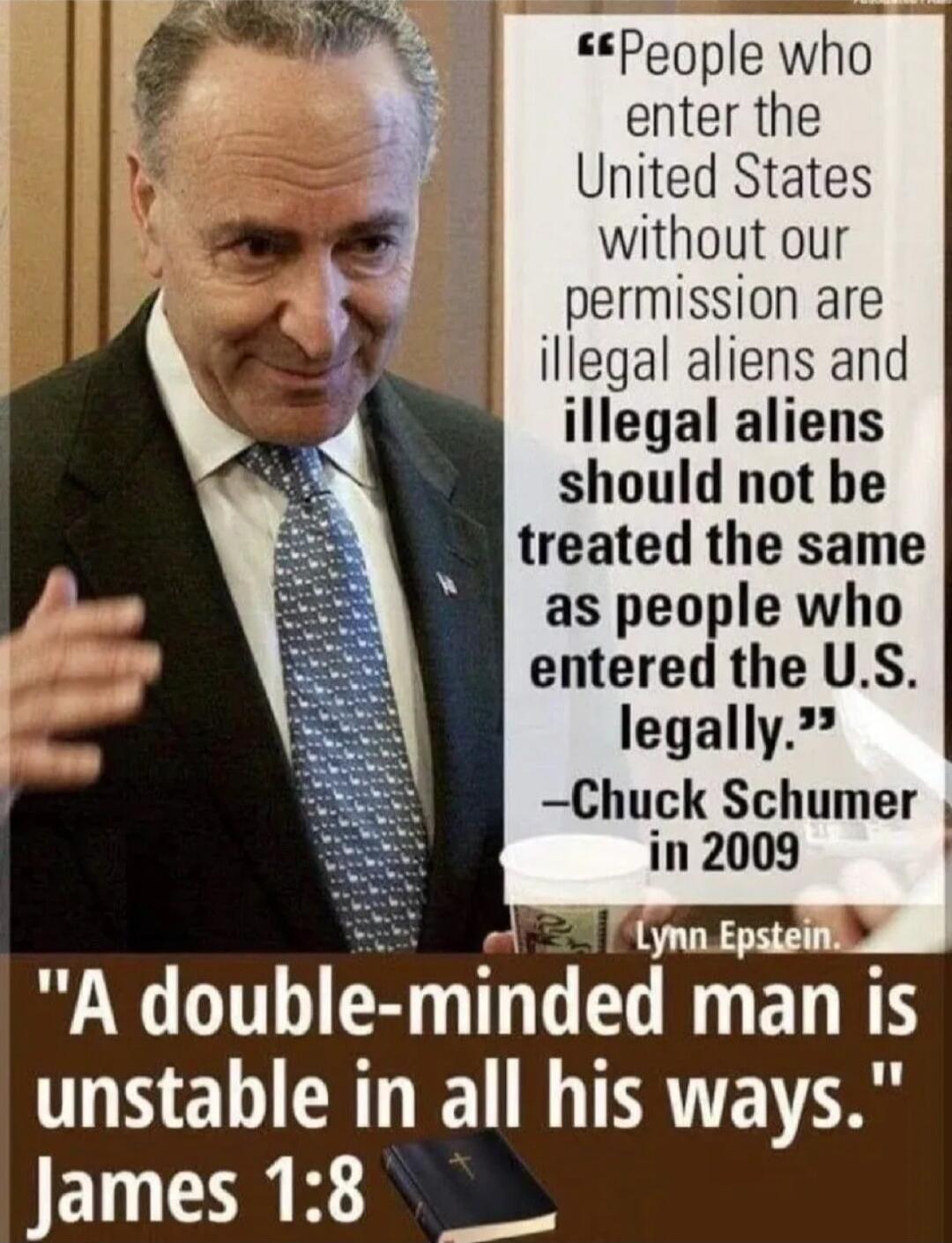 People who enter the United States without our permission are illegal aliens and illegal aliens should not be treated the same as people who entered the U.S. legally. -Chuck Schumer in 2009. A double-minded man is unstable in all his ways. James 1:8