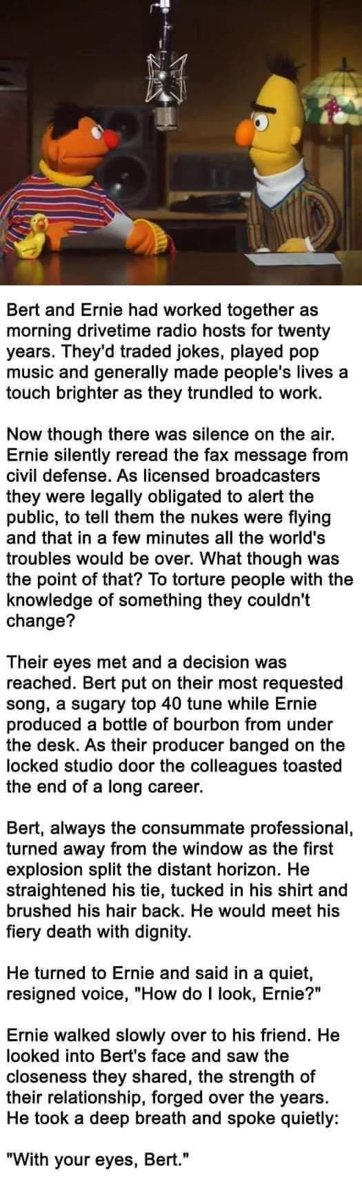 Bert and Ernie had worked together as morning drivetime radio hosts for twenty years Theyd traded jokes played pop music and generally made peoples lives a touch brighter as they trundled to work Now though there was silence on the air Ernie silently reread the fax message from civil defense As licensed broadcasters they were legally obligated to alert the public to tell them the nukes were flying