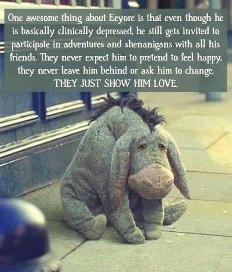 FLLl Y One awesome thing about Eeyore is that even though he is basically clinically depressed he still gets invited to participate in adventures and shenanigans with all his friends They never expect him to pretend to feel happy they never leave him behind or ask him to change THEY JUST SHOW HIM LOVE