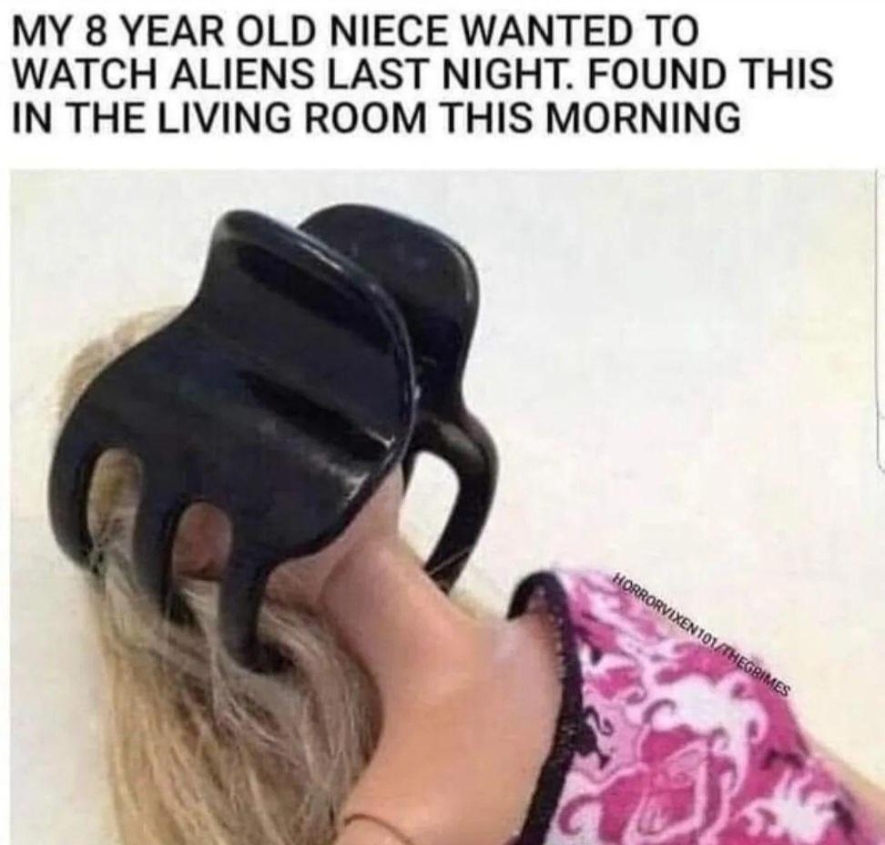 MY 8 YEAR OLD NIECE WANTED TO WATCH ALIENS LAST NIGHT FOUND THIS IN THE LIVING ROOM THIS MORNING