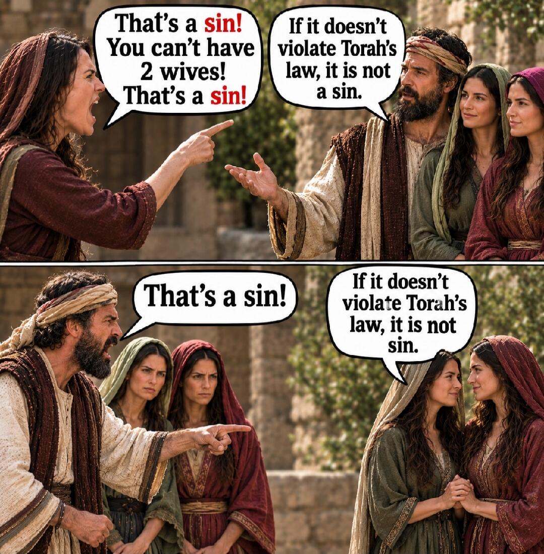 That's a sin! You can't have 2 wives! That's a sin! If it doesn't violate Torah's law, it is not a sin. That's a sin! If it doesn't violate Torah's law, it is not sin.