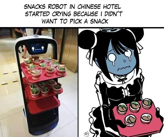 SNACKS ROBOT IN CHINESE HOTEL STARTED CRYING BECAUSE DIDNT WANT TO PICK A SNACK
