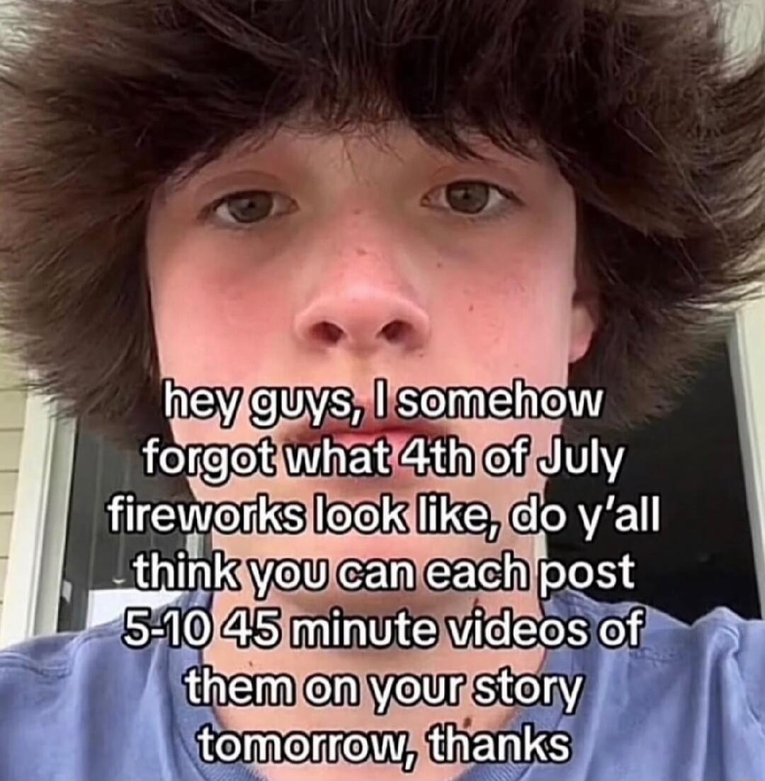 hey guys, I somehow forgot what 4th of July fireworks look like, do y'all think you can each post 5-10 45 minute videos of them on your story tomorrow, thanks