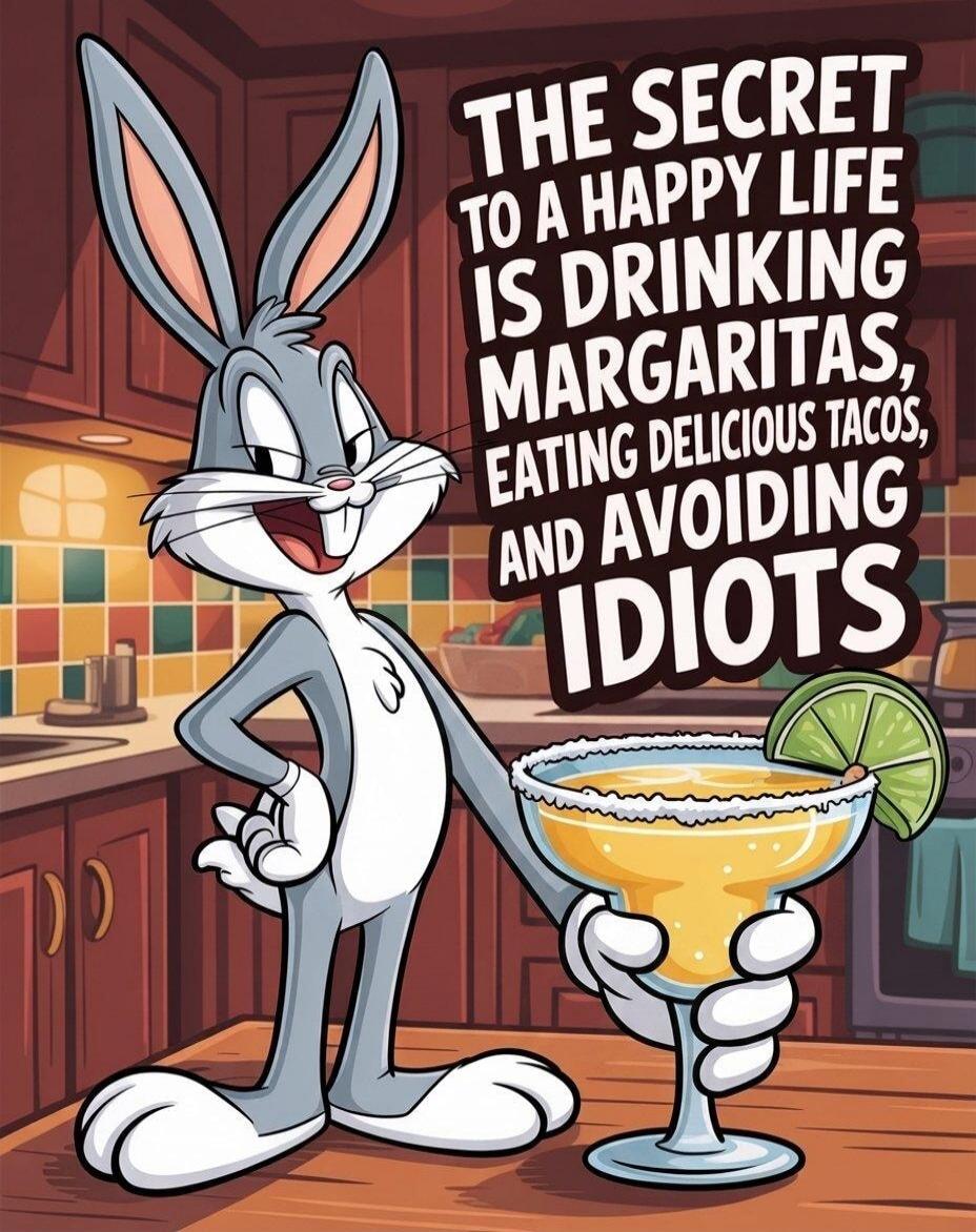 THE SECRET TO A HAPPY LIFE IS DRINKING MARGARITAS, EATING DELICIOUS TACOS, AND AVOIDING IDIOTS