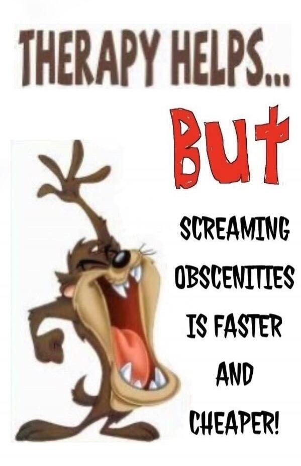 THERAPY HELPS... BUT SCREAMING OBSCENITIES IS FASTER AND CHEAPER!