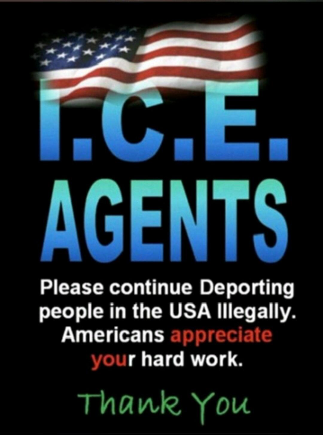 I.C.E. AGENTS Please continue Deporting people in the USA Illegally. Americans appreciate your hard work. Thank You