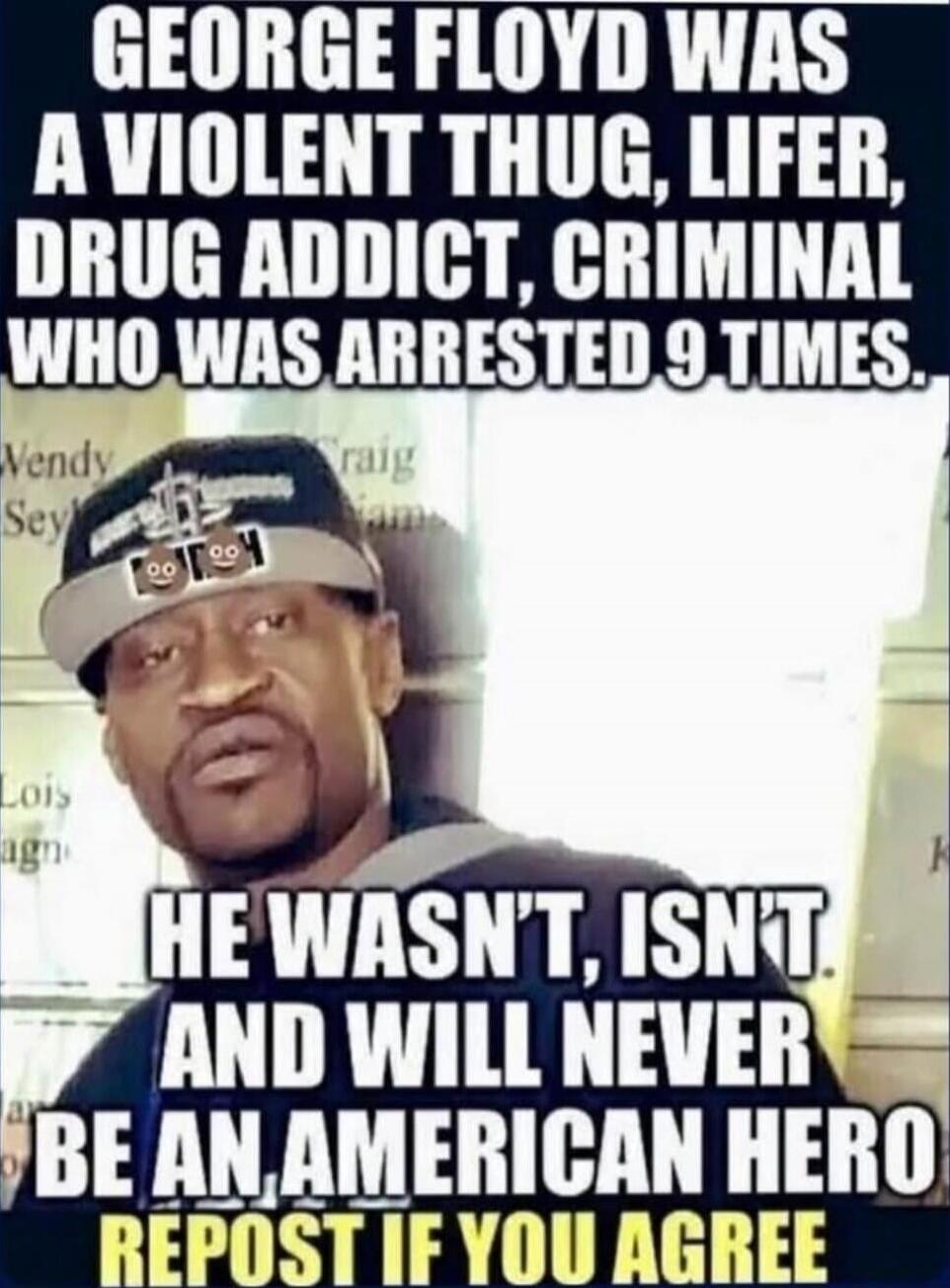 GEORGE FLOYD WAS A VIOLENT THUG, LIFER, DRUG ADDICT, CRIMINAL WHO WAS ARRESTED 9 TIMES. HE WASN'T, ISN'T, AND WILL NEVER BE AN AMERICAN HERO REPOST IF YOU AGREE