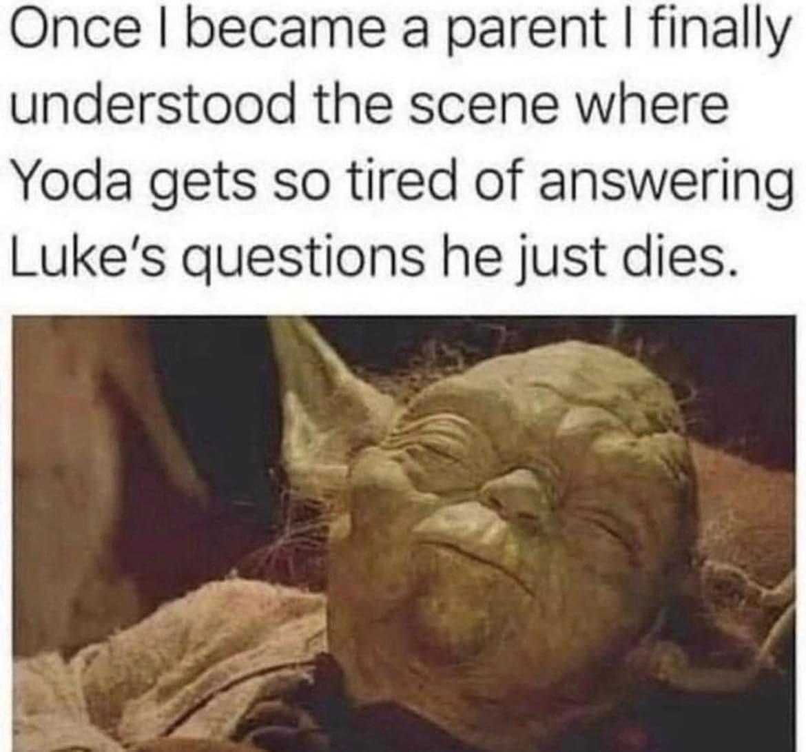 Once became a parent finally understood the scene where Yoda gets so tired of answering Lukes questions he just dies