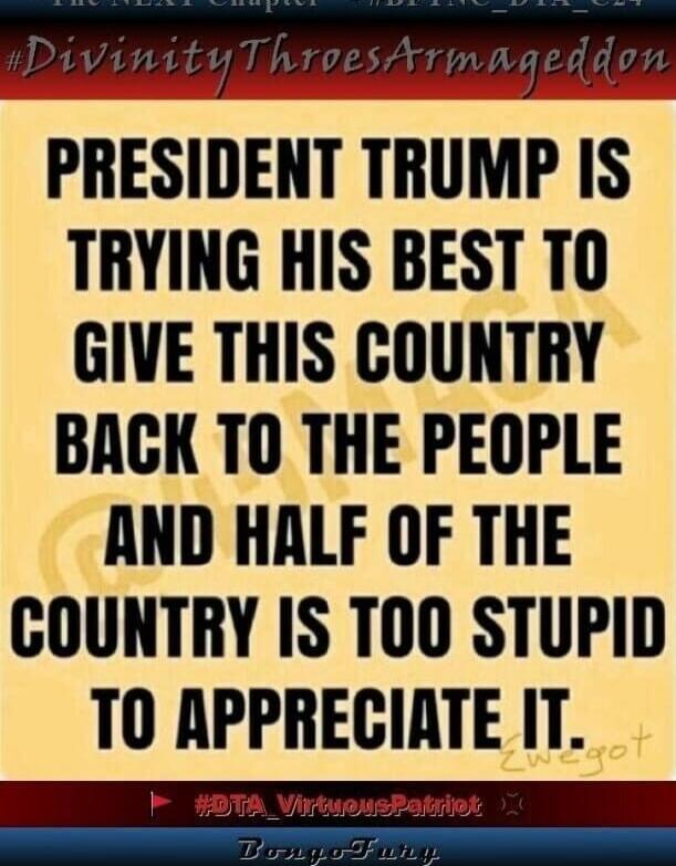 PRESIDENT TRUMP IS TRYING HIS BEST TO GIVE THIS COUNTRY BACK TO THE PEOPLE AND HALF OF THE COUNTRY IS TOO STUPID TO APPRECIATE IT.