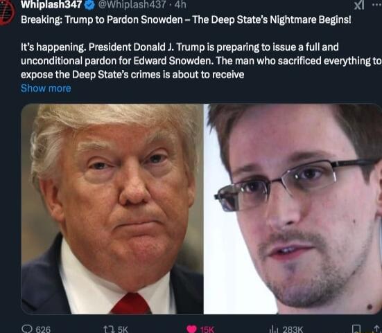 oo opamnaoin dhudin o toadinsss X Breaking Trump to Pardon Snowden The Deep States Nightmare Begins ts happening President Donald J Trump s preparing to issue a ful and unconditional pardon for Edward Snowden The man who sacrificed everything to expose the Deep States crimes Is about to receive Show more o o dur