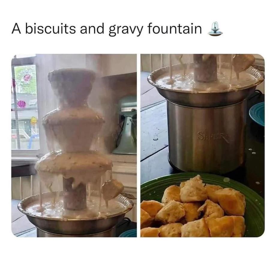 A biscuits and gravy fountain