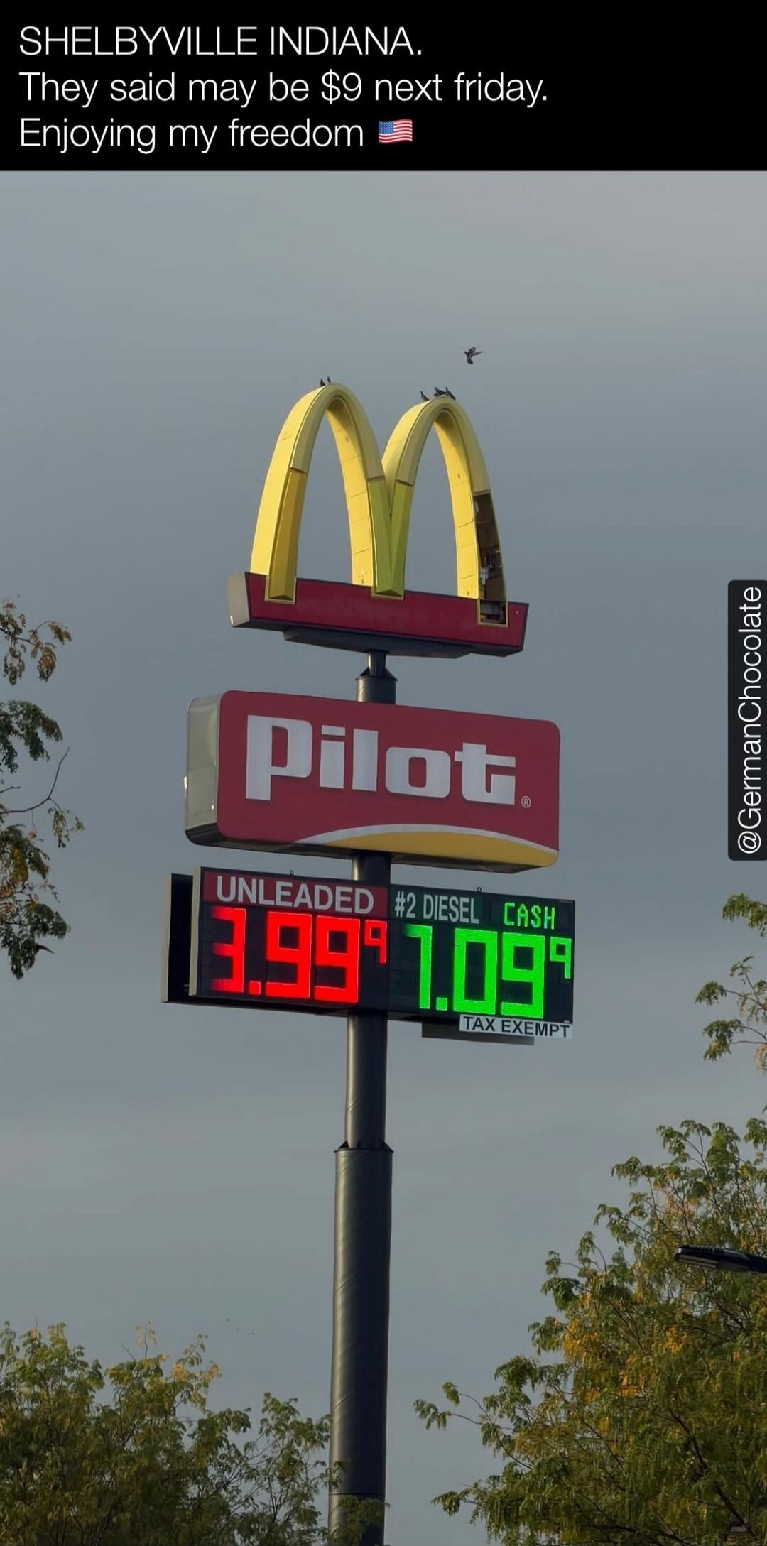 SHELBYVILLE INDIANA. They said may be $9 next friday. Enjoying my freedom 🇺🇸 Pilot UNLEADED 3.99⁹ #2 DIESEL CASH 1.09⁹ TAX EXEMPT