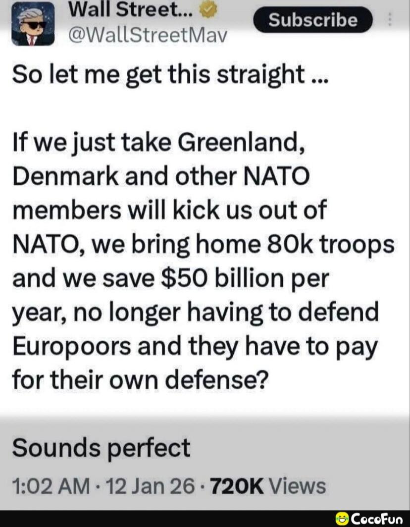 Wall Street... 
So let me get this straight ...
If we just take Greenland, Denmark and other NATO members will kick us out of NATO, we bring home 80k troops and we save $50 billion per year, no longer having to defend Europoors and they have to pay for their own defense?

Sounds perfect
1:02 AM · 12 Jan 26 · 720K Views