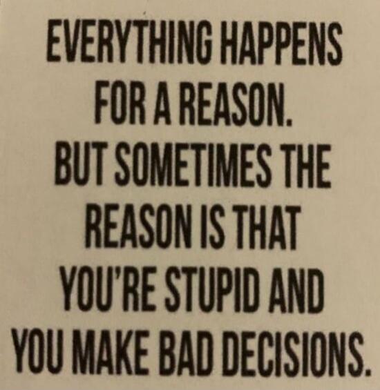 EVERYTHING HAPPENS FOR A REASON. BUT SOMETIMES THE REASON IS THAT YOU'RE STUPID AND YOU MAKE BAD DECISIONS.