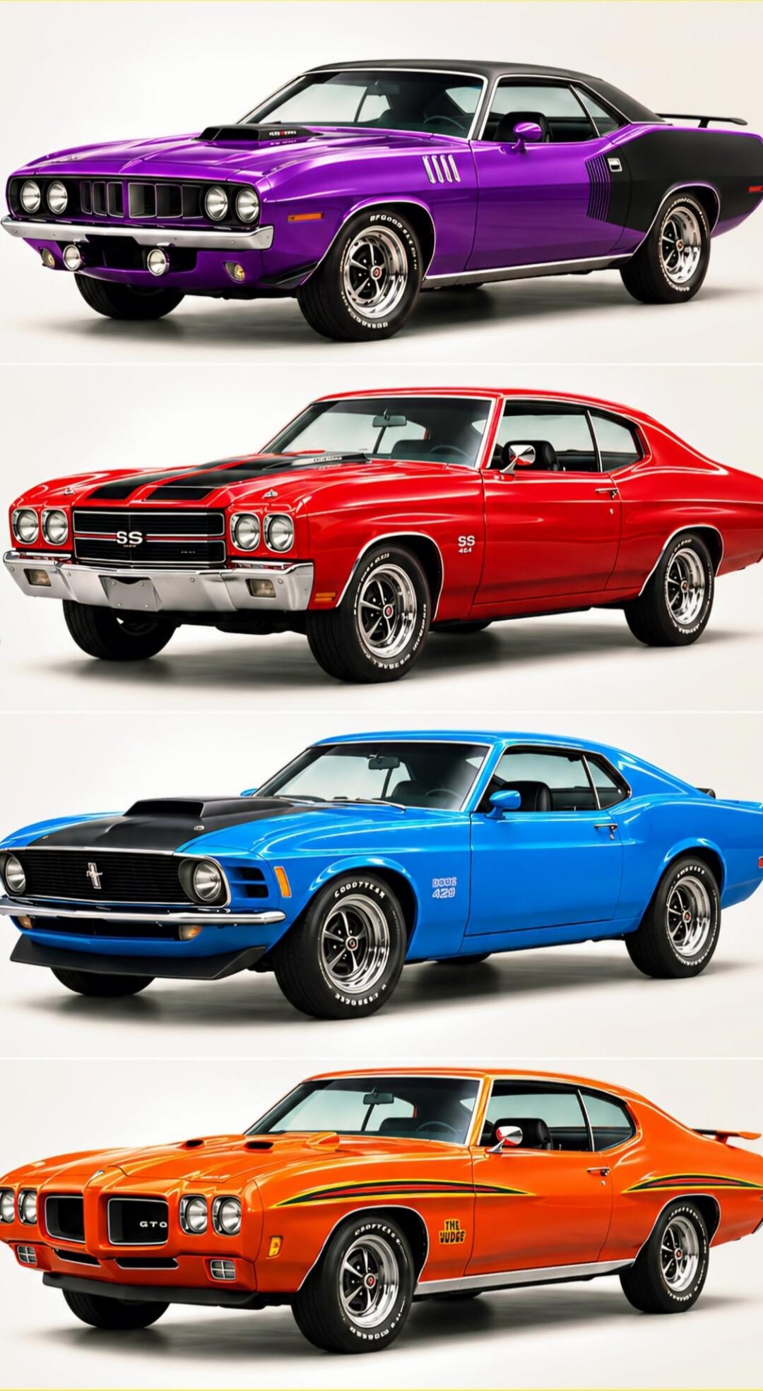 Four classic American muscle cars are displayed. The purple car has 'BFGoodrich' tires. The red car features 'SS' badging. The blue car is a 'BOSS 429' with 'Goodyear' tires. The orange car is a 'GTO' known as 'THE JUDGE', also with 'Goodyear' tires.