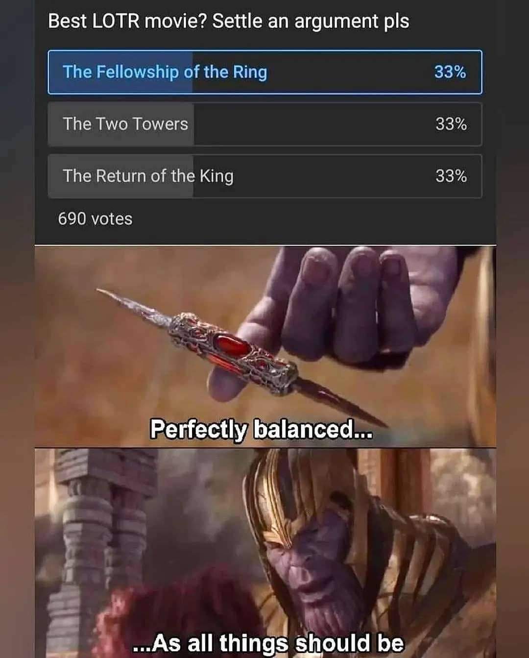 Best LOTR movie Settle an argument pls the Ring 33 The Two Towers 33 The Return of the King 3 690 votes F N As all things should be