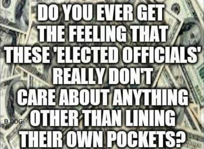 DO YOU EVER GET THE FEELING THAT THESE 'ELECTED OFFICIALS' REALLY DON'T CARE ABOUT ANYTHING OTHER THAN LINING THEIR OWN POCKETS?