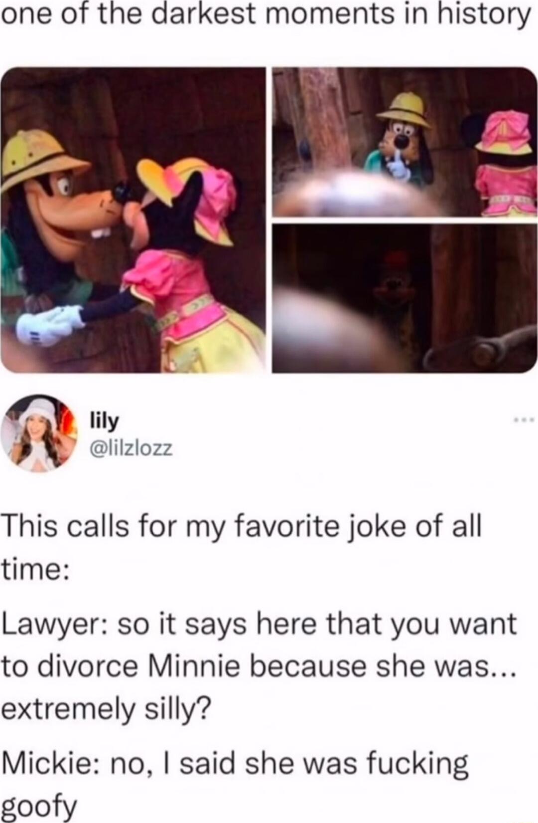 one of the darkest moments in history N iy lilzlozz This calls for my favorite joke of all time Lawyer so it says here that you want to divorce Minnie because she was extremely silly Mickie no said she was fucking goofy
