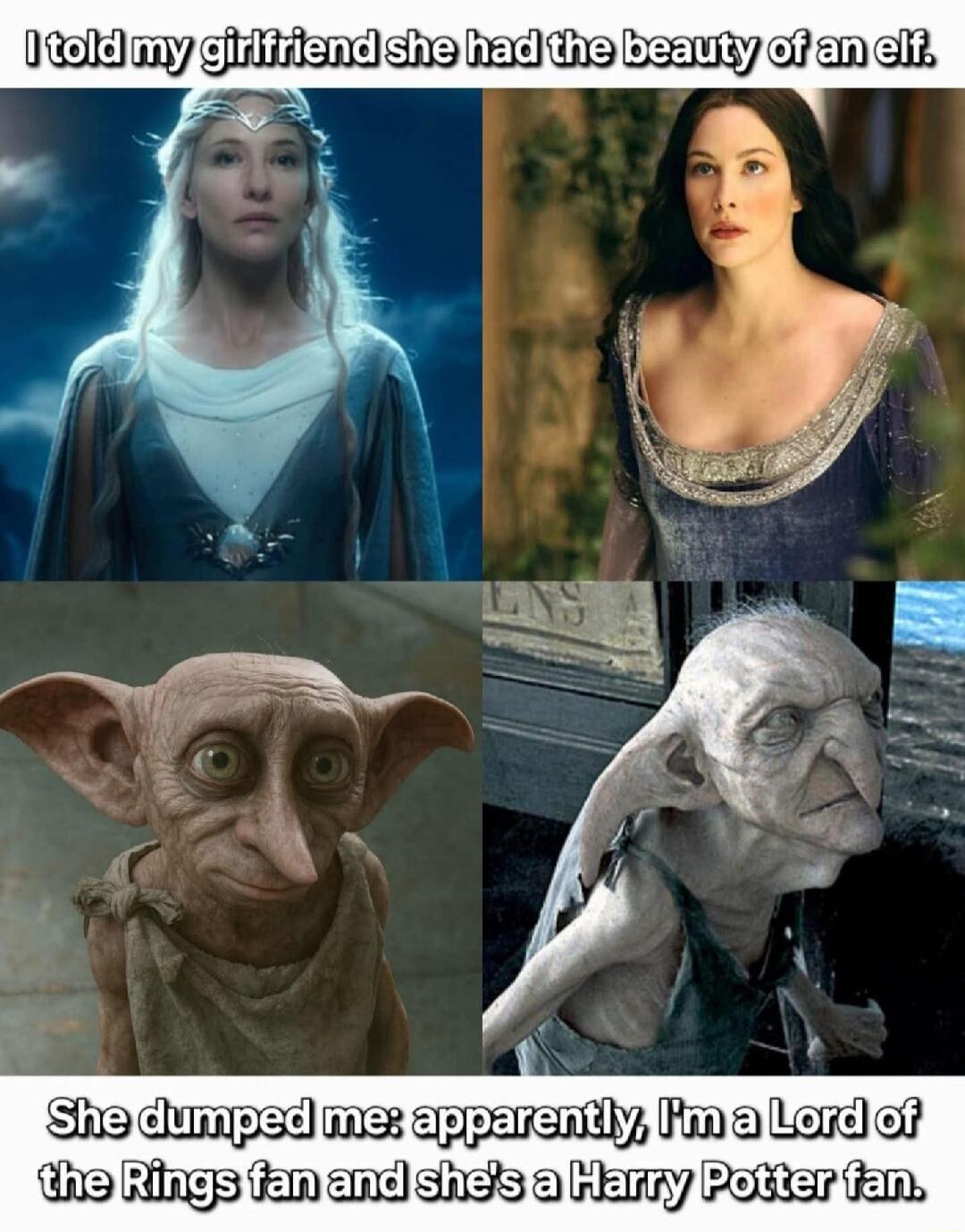 I told my girlfriend she had the beauty of an elf.

She dumped me: apparently, I'm a Lord of the Rings fan and she's a Harry Potter fan.