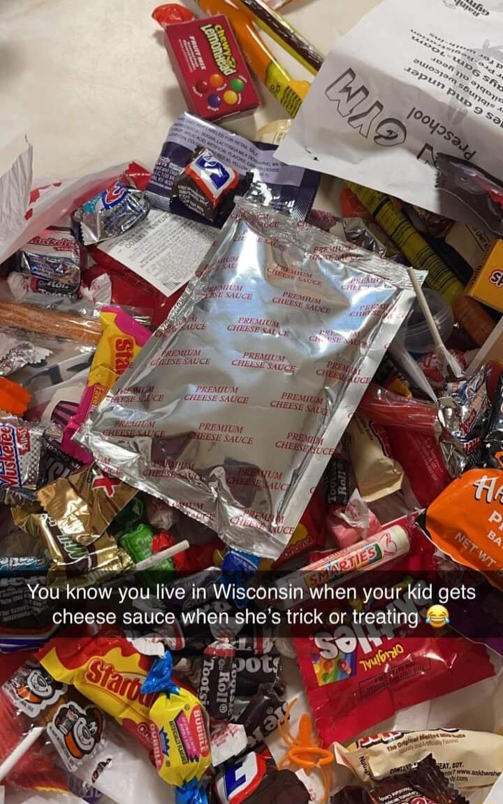 You know you live in Wisconsin when your kid gets cheese salice whenshes trick or treating