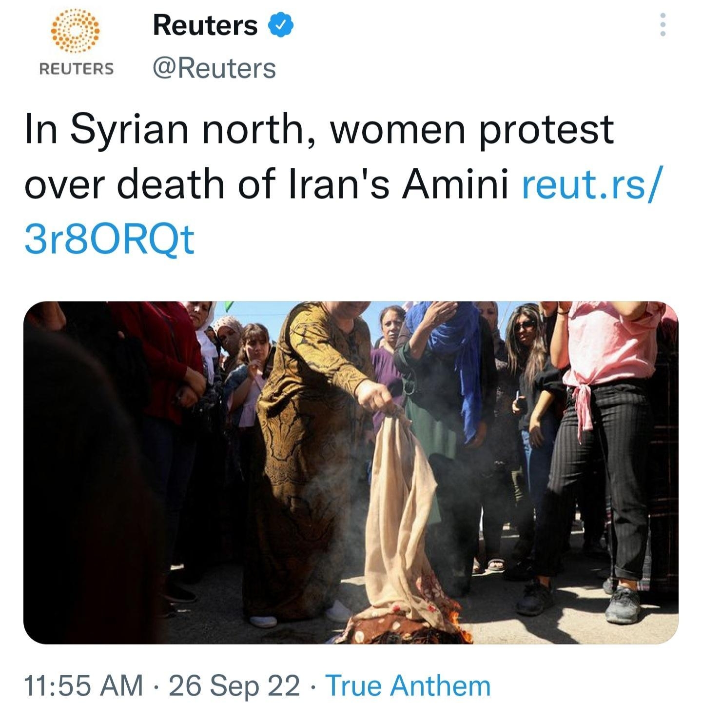 Reuters reuters Reuters In Syrian north women protest over death of Irans Amini reutrs 3r80RQt 1155 AM 26 Sep 22 True Anthem 38 Retweets 4 Quote Tweets 116 Likes Q u v 3 Mahsah mahsa_h73 5m Replying to Reuters Be our voice MahsaAmini