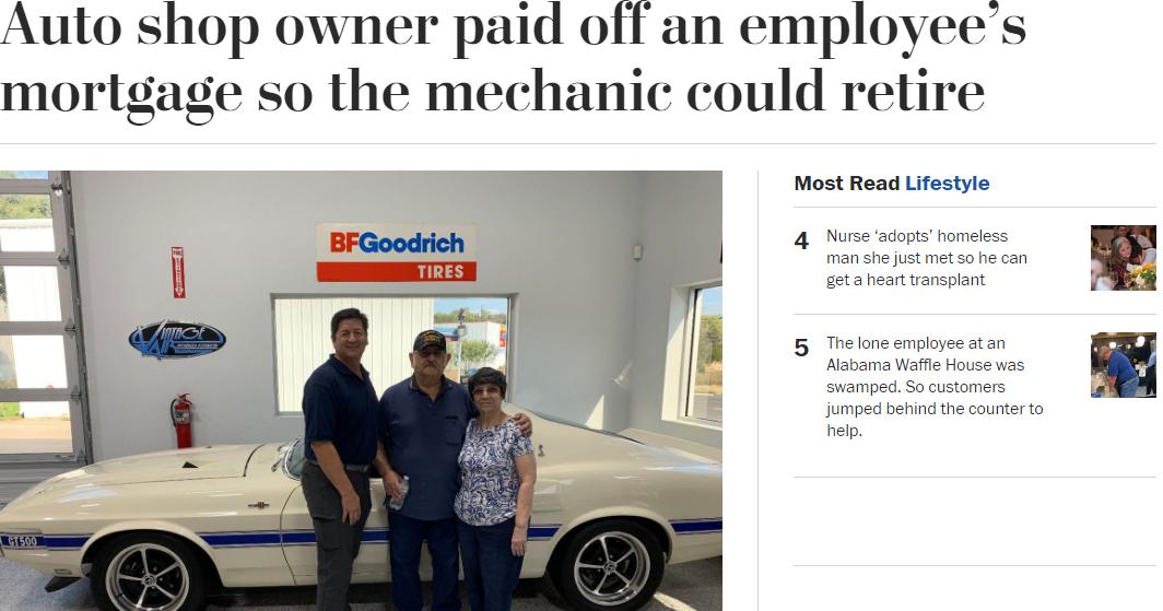 Auto shop owner paid off an employees morlgage so the mechanic could retire