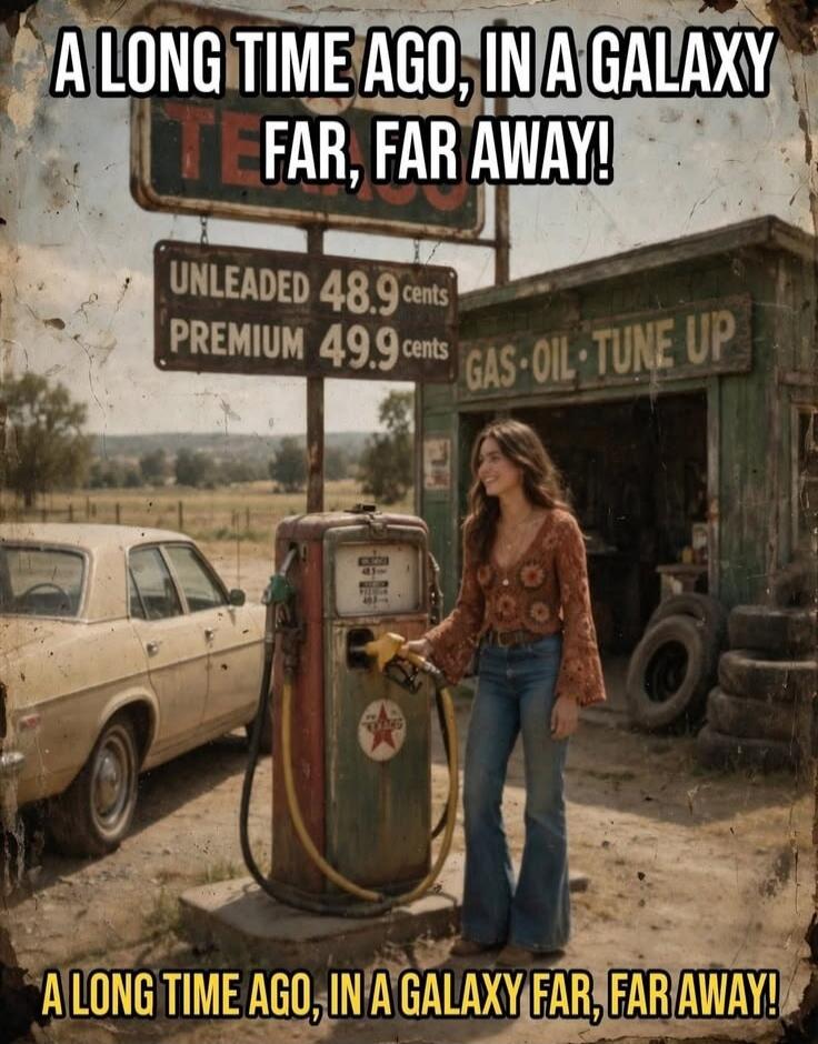 A LONG TIME AGO, IN A GALAXY FAR, FAR AWAY! UNLEADED 48.9 cents PREMIUM 49.9 cents GAS OIL TUNE UP A LONG TIME AGO, IN A GALAXY FAR, FAR AWAY!