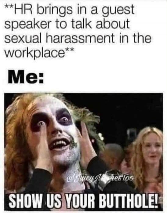 **HR brings in a guest speaker to talk about sexual harassment in the workplace** Me: SHOW US YOUR BUTTHOLE!